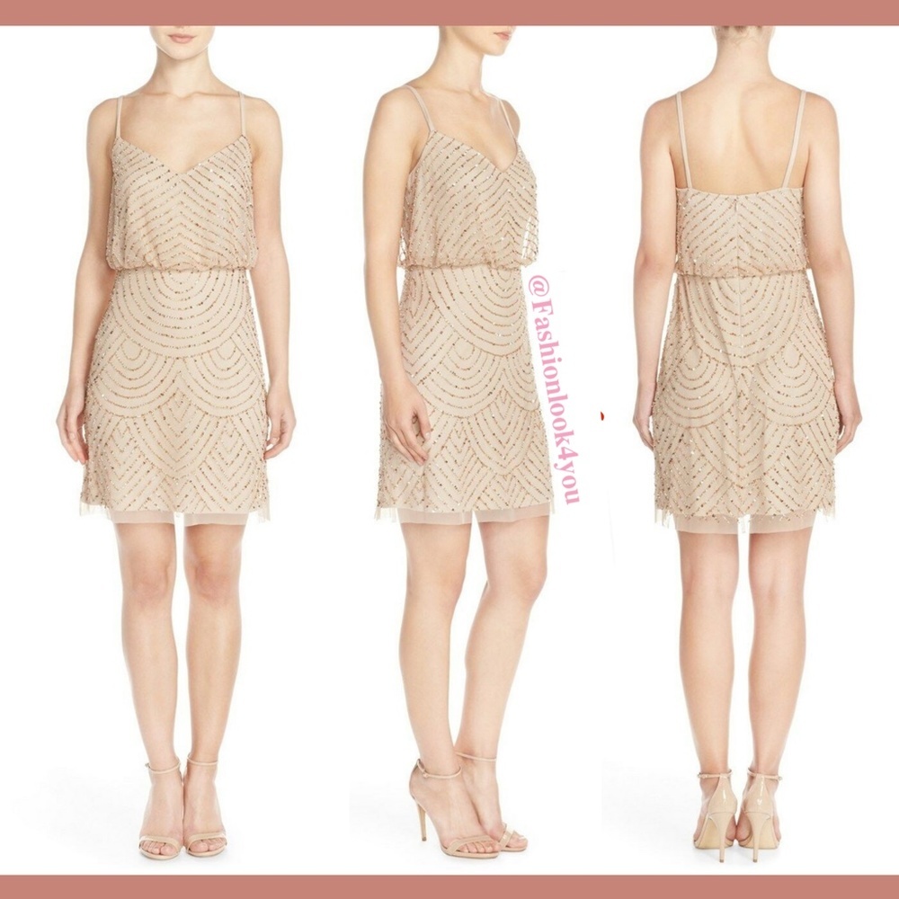 NWT Adrianna Papell Sequin Mesh Blouson Dress‎ Champagne Gold [ SZ 2 ]